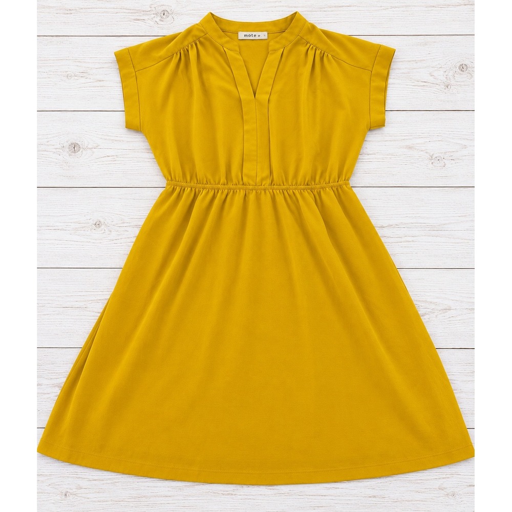 Monteau Los Angeles Mustard Yellow Dress Elastic Waist V-Neck Mini Small 4356